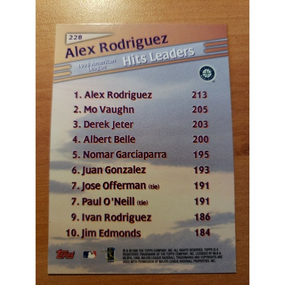 1999 Topps #228 Alex Rodriguez - League Leaders Hits - Seattle Mariners - MLB - Picture 2 of 2